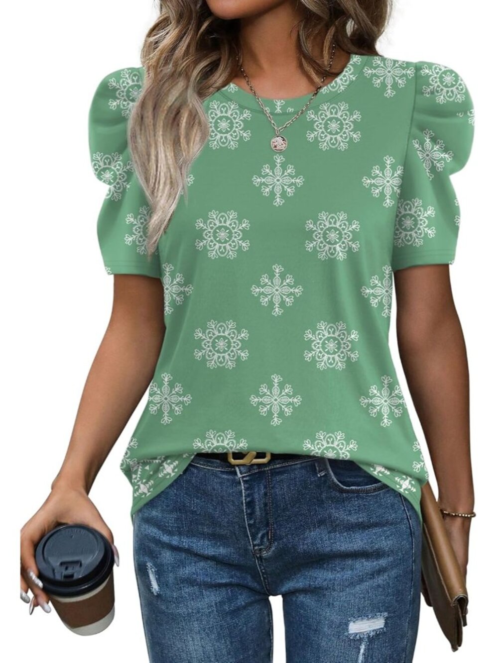 〽️ Women's Floral Green Puff Sleeve Summer Crew Neck Casual Dressy T Shirt Tops